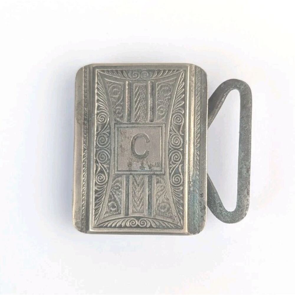 Antique Silver Tone Engraved Belt Buckle Monogram C Pat No 1783854 Vintage